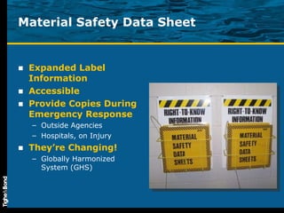 Material Safety Data Sheet Expanded Label Information Accessible Provide Copies During Emergency Response Outside Agencies Hospitals, on Injury They’re Changing! Globally Harmonized System (GHS) 