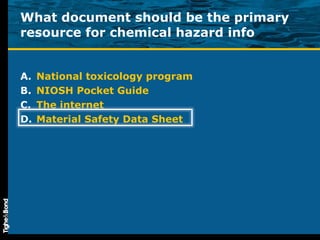 What document should be the primary resource for chemical hazard info National toxicology program NIOSH Pocket Guide The internet Material Safety Data Sheet 