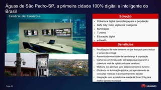 Page 20
Águas de São Pedro-SP, a primeira cidade 100% digital e inteligente do
Brasil
Solução
 Cobertura digital banda larga para a população
 Safe City: video vigilância inteligente
 Iluminação
 Turismo
 Educação digital
 e-Health
 Reutilização de rede existente de par trançado para reduzir
o tempo de entrega
 Aumento da velocidade de banda larga à população
 Câmeras com localização estratégica para garantir a
cobertura total da vigilância locais turísticos
 Melhoria dos serviços para estacionamento e turismo
 Eficiência na iluminação pública, no agendamento de
consultas médicas e acompanhamento escolar
 Integração com a plataforma aberta de Smart City para
melhor gestão municipal
Benefícios
 
