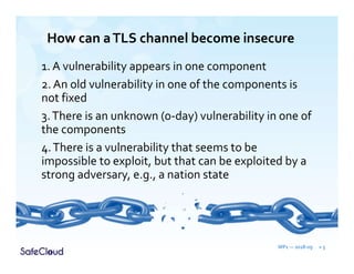 How can aTLS channel become insecure
1. A vulnerability appears in one component
2. An old vulnerability in one of the components is
not fixed
3.There is an unknown (0-day) vulnerability in one of
the components
4.There is a vulnerability that seems to be
impossible to exploit, but that can be exploited by a
strong adversary, e.g., a nation state
WP1 — 2018-09 » 5
 