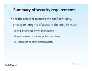 Summary of security requirements
• For the attacker to break the confidentiality,
privacy or integrity of a secure channel, he must:
(i) find a vulnerability in the channel
(ii) gain access to the endpoint machines
(iii) intercept communication path
WP1 — 2018-09 » 7
 