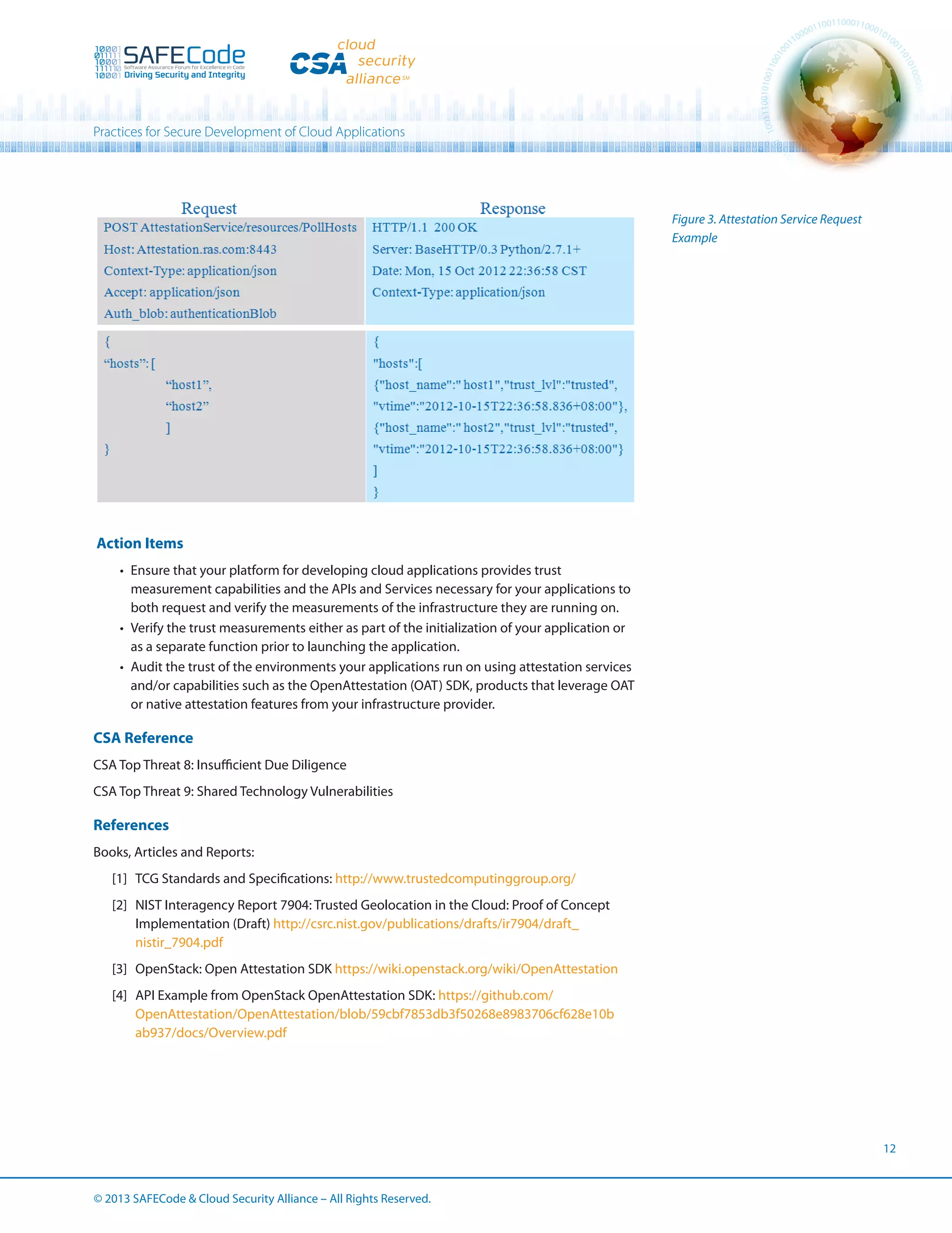 Practices for Secure Development of Cloud Applications

Figure 3. Attestation Service Request
Example

Action Items
•	 Ensure that your platform for developing cloud applications provides trust
measurement capabilities and the APIs and Services necessary for your applications to
both request and verify the measurements of the infrastructure they are running on.
•	 Verify the trust measurements either as part of the initialization of your application or
as a separate function prior to launching the application.
•	 Audit the trust of the environments your applications run on using attestation services
and/or capabilities such as the OpenAttestation (OAT) SDK, products that leverage OAT
or native attestation features from your infrastructure provider.

CSA Reference
CSA Top Threat 8: Insufficient Due Diligence
CSA Top Threat 9: Shared Technology Vulnerabilities

References
Books, Articles and Reports:
[1]	 TCG Standards and Specifications: http://www.trustedcomputinggroup.org/
[2]	 NIST Interagency Report 7904: Trusted Geolocation in the Cloud: Proof of Concept
Implementation (Draft) http://csrc.nist.gov/publications/drafts/ir7904/draft_
nistir_7904.pdf
[3]	 OpenStack: Open Attestation SDK https://wiki.openstack.org/wiki/OpenAttestation
[4]	 API Example from OpenStack OpenAttestation SDK: https://github.com/
OpenAttestation/OpenAttestation/blob/59cbf7853db3f50268e8983706cf628e10b
ab937/docs/Overview.pdf

12

© 2013 SAFECode  Cloud Security Alliance – All Rights Reserved.

 