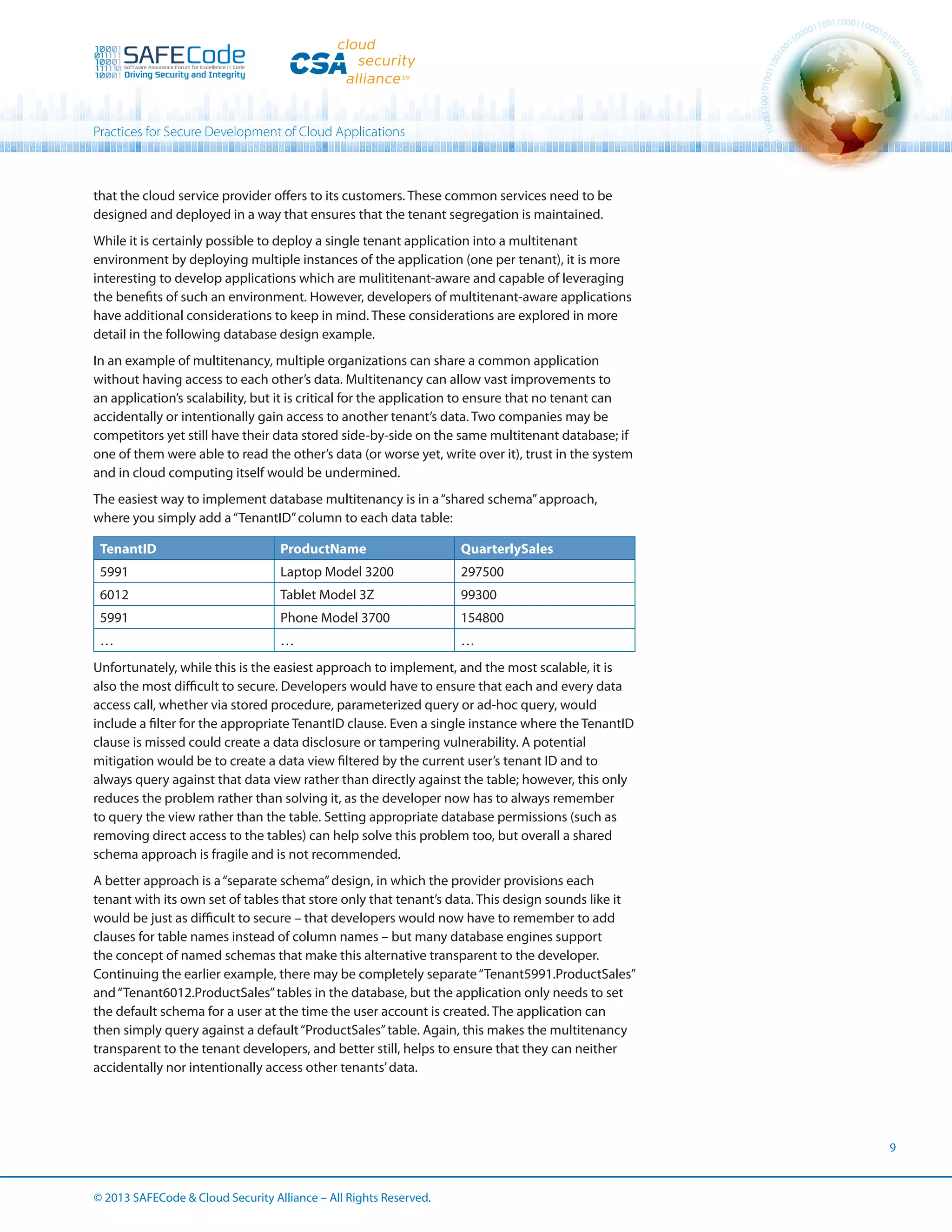 Practices for Secure Development of Cloud Applications

that the cloud service provider offers to its customers. These common services need to be
designed and deployed in a way that ensures that the tenant segregation is maintained.
While it is certainly possible to deploy a single tenant application into a multitenant
environment by deploying multiple instances of the application (one per tenant), it is more
interesting to develop applications which are mulititenant-aware and capable of leveraging
the benefits of such an environment. However, developers of multitenant-aware applications
have additional considerations to keep in mind. These considerations are explored in more
detail in the following database design example.
In an example of multitenancy, multiple organizations can share a common application
without having access to each other’s data. Multitenancy can allow vast improvements to
an application’s scalability, but it is critical for the application to ensure that no tenant can
accidentally or intentionally gain access to another tenant’s data. Two companies may be
competitors yet still have their data stored side-by-side on the same multitenant database; if
one of them were able to read the other’s data (or worse yet, write over it), trust in the system
and in cloud computing itself would be undermined.
The easiest way to implement database multitenancy is in a “shared schema” approach,
where you simply add a “TenantID” column to each data table:
TenantID

ProductName

QuarterlySales

5991

Laptop Model 3200

297500

6012

Tablet Model 3Z

99300

5991

Phone Model 3700

154800

…

…

…

Unfortunately, while this is the easiest approach to implement, and the most scalable, it is
also the most difficult to secure. Developers would have to ensure that each and every data
access call, whether via stored procedure, parameterized query or ad-hoc query, would
include a filter for the appropriate TenantID clause. Even a single instance where the TenantID
clause is missed could create a data disclosure or tampering vulnerability. A potential
mitigation would be to create a data view filtered by the current user’s tenant ID and to
always query against that data view rather than directly against the table; however, this only
reduces the problem rather than solving it, as the developer now has to always remember
to query the view rather than the table. Setting appropriate database permissions (such as
removing direct access to the tables) can help solve this problem too, but overall a shared
schema approach is fragile and is not recommended.
A better approach is a “separate schema” design, in which the provider provisions each
tenant with its own set of tables that store only that tenant’s data. This design sounds like it
would be just as difficult to secure – that developers would now have to remember to add
clauses for table names instead of column names – but many database engines support
the concept of named schemas that make this alternative transparent to the developer.
Continuing the earlier example, there may be completely separate “Tenant5991.ProductSales”
and “Tenant6012.ProductSales” tables in the database, but the application only needs to set
the default schema for a user at the time the user account is created. The application can
then simply query against a default “ProductSales” table. Again, this makes the multitenancy
transparent to the tenant developers, and better still, helps to ensure that they can neither
accidentally nor intentionally access other tenants’ data.

9

© 2013 SAFECode  Cloud Security Alliance – All Rights Reserved.

 