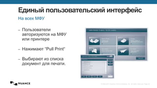 © 2002-2013 Nuance Communications, Inc. All rights reserved. Page 23
Единый пользовательский интерфейс
‒ Пользователи
авторизуются на МФУ
или принтере
‒ Нажимают “Pull Print“
‒ Выбирают из списка
документ для печати.
На всех МФУ
 