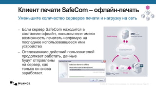 © 2002-2013 Nuance Communications, Inc. All rights reserved. Page 27
Клиент печати SafeCom – офлайн-печать
– Если сервер SafeCom находится в
состоянии офлайн, пользователи имеют
возможность печатать напрямую на
последнее использовавшееся ими
устройство
– Отслеживание действий пользователей
продолжает работать, данные
будут отправлены
на сервер, как
только он снова
заработает.
Уменьшите количество серверов печати и нагрузку на сеть
 