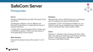 © 2002-2013 Nuance Communications, Inc. All rights reserved. Page 57
SafeCom Server
Server
Windows 2008/2008 R2 and 2003 SP2 (both 32-bit
and 64-bit).
Virtualization software, such as VMware and
Microsoft Virtual Server, is supported as long as it
supports Windows.
1.4 GHz CPU (recommended 2 GHz or faster) and
2 GB RAM or greater. 5 GB of free disk space or
more depending on print volume.
Web Interface
Internet Information Service (IIS) version 7.0, 6.0
or 5.1.
Prerequisites
Database
Microsoft SQL Server 2008 R2 Express is distributed
with the software and requires Microsoft Net .
Framework 3.5 SP1 and Windows Installer 4.5. In a
SafeCom multi server installation the master server
must run Microsoft SQL Server 2008 or 2005.
Client
Windows 7, Windows Vista, Windows XP SP2, 2008,
2003, and clients running Citrix and Windows Terminal
Service.1 GHz CPU and 1 GB RAM or greater
(minimum 2 GB RAM if 64-bit).
 