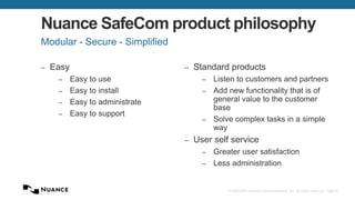© 2002-2013 Nuance Communications, Inc. All rights reserved. Page 61
Nuance SafeCom product philosophy
– Easy
– Easy to use
– Easy to install
– Easy to administrate
– Easy to support
Modular - Secure - Simplified
– Standard products
– Listen to customers and partners
– Add new functionality that is of
general value to the customer
base
– Solve complex tasks in a simple
way
– User self service
– Greater user satisfaction
– Less administration
 