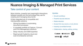 © 2002-2013 Nuance Communications, Inc. All rights reserved. Page 65
Nuance Imaging & Managed Print Services
Take control of your content
More intuitive, powerful and meaningful interactions
between people and the technology they use for
creating and managing documents.
A fully integrated set of compatible and
interoperable solutions
– Strong foundation in automating
document processes
– A complete portfolio of Capture, Convert
and Print Management solutions
– Deep industry and OEM expertise
– Rapid growth fueled by cloud and
scan-to-enterprise services
Upsides
– Smooth workflows
– Powerful security features
– Waste reduction
– Access from any source, on any device
– Instantly convertible formats
– Collaboration, sharing, editing, printing
 