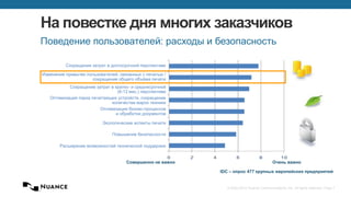 © 2002-2013 Nuance Communications, Inc. All rights reserved. Page 7
На повестке дня многих заказчиков
Поведение пользователей: расходы и безопасность
IDC – опрос 477 крупных европейских предприятий
Совершенно не важно Очень важно
Сокращение затрат в долгосрочной перспективе
Повышение безопасности
Изменение привычек пользователей, связанных с печатью /
сокращение общего объёма печати
Сокращение затрат в кратко- и среднесрочной
(6-12 мес.) перспективе
Оптимизация парка печатающих устройств, сокращение
количества марок техники
Оптимизация бизнес-процессов
и обработки документов
Экологические аспекты печати
Расширение возможностей технической поддержки
 