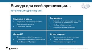 © 2002-2013 Nuance Communications, Inc. All rights reserved. Page 10
Выгода для всей организации…
Устойчивый сервис печати
Компания в целом
• Сокращение затрат примерно на 30%
• Защита устройств печати
• Сокращение отходов
Отдел ИТ
• Оптимизация инфраструктуры печати
• Повышение эффективности техподдержки
• Высвобождение ИТ-ресурсов
Сотрудники
• Безопасность печатаемых данных – когда
и откуда бы ни производилась печать
• Свобода выбора принтера
• Распечатка не может потеряться
Отдел закупок
• Централизованный контроль расходов
• Точное распределение затрат
• Оптимизированный сервис печати
 