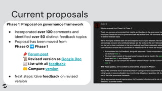 Phase 1: Proposal on governance framework
● Incorporated over 100 comments and
identiﬁed over 50 distinct feedback topics
● Proposal has been moved from
Phase 0 ➡ Phase 1
📣 Forum post
📜 Revised version as Google Doc
📈 List with all feedback
🤲 Compare version
● Next steps: Give feedback on revised
version
Current proposals
 