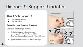 Discord: Pardon our dust 🚧
● Consolidating Channels
● Goal: Less = More
Reminder: Safe Support Channels
Goal: Route users to proper channels
● Technical Support → StackExchange
● User Support → Safe Help Center & Chat
● Safe Team Support (Grants, etc.) → Discord Channel
● 🚫Please do not use the Forum for support 🚫
Discord & Support Updates
Too many
Discord
Channels
I can has question
 