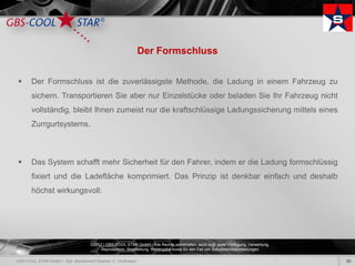 Der Formschluss


   Der Formschluss ist die zuverlässigste Methode, die Ladung in einem Fahrzeug zu
    sichern. Transportieren Sie aber nur Einzelstücke oder beladen Sie Ihr Fahrzeug nicht
    vollständig, bleibt Ihnen zumeist nur die kraftschlüssige Ladungssicherung mittels eines
    Zurrgurtsystems.



   Das System schafft mehr Sicherheit für den Fahrer, indem er die Ladung formschlüssig
    fixiert und die Ladefläche komprimiert. Das Prinzip ist denkbar einfach und deshalb
    höchst wirkungsvoll:




                       ©2012 | GBS-COOL STAR GmbH - Alle Rechte vorbehalten, auch bzgl. jeder Verfügung, Verwertung,
                            Reproduktion, Bearbeitung, Weitergabe sowie für den Fall von Schutzrechtsanmeldungen.

                                                                                                                       10
 