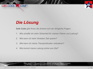Die Lösung
Safe Cube gibt Ihnen die Antwort auf vier dringliche Fragen:

1. Wie schaffe ich mehr Sicherheit für meinen Fahrer und Ladung?

2. Wie kann ich beim Verladen Zeit sparen?

3. Wie kann ich meine Transportkosten reduzieren?

4. Wie kommt meine Ladung sicher ans Ziel?




        ©2012 | GBS-COOL STAR GmbH - Alle Rechte vorbehalten, auch bzgl. jeder Verfügung, Verwertung,
             Reproduktion, Bearbeitung, Weitergabe sowie für den Fall von Schutzrechtsanmeldungen.

                                                                                                        11
 