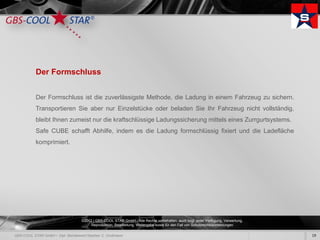 Der Formschluss


Der Formschluss ist die zuverlässigste Methode, die Ladung in einem Fahrzeug zu sichern.
Transportieren Sie aber nur Einzelstücke oder beladen Sie Ihr Fahrzeug nicht vollständig,
bleibt Ihnen zumeist nur die kraftschlüssige Ladungssicherung mittels eines Zurrgurtsystems.
Safe CUBE schafft Abhilfe, indem es die Ladung formschlüssig fixiert und die Ladefläche
komprimiert.




                ©2012 | GBS-COOL STAR GmbH - Alle Rechte vorbehalten, auch bzgl. jeder Verfügung, Verwertung,
                     Reproduktion, Bearbeitung, Weitergabe sowie für den Fall von Schutzrechtsanmeldungen.

                                                                                                                19
 