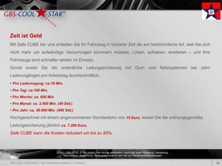 Zeit ist Geld
Mit Safe CUBE be- und entladen Sie Ihr Fahrzeug in kürzerer Zeit als auf herkömmliche Art, weil Sie sich
nicht mehr um aufwändige Verzurrungen kümmern müssen. Lösen, schieben, arretieren – und Ihre
Fahrzeuge sind schneller wieder im Einsatz.
Soviel kostet Sie die ordentliche Ladungssicherung mit Gurt- und Netzsystemen bei zehn
Ladevorgängen pro Arbeitstag durchschnittlich:
• Pro Ladevorgang: ca.10 Min.
• Pro Tag: ca.100 Min.
• Pro Woche: ca. 600 Min.
• Pro Monat: ca. 2.400 Min. (40 Std.)
• Pro Jahr: ca. 28.800 Min. (480 Std.)

Hochgerechnet mit einem angenommenen Stundenlohn von 15 Euro, kostet Sie die ordnungsgemäße
Ladungssicherung jährlich ca. 7.200 Euro.
Safe CUBE kann die Kosten reduziert um bis zu 85%.



                            ©2012 | GBS-COOL STAR GmbH - Alle Rechte vorbehalten, auch bzgl. jeder Verfügung, Verwertung,
                                 Reproduktion, Bearbeitung, Weitergabe sowie für den Fall von Schutzrechtsanmeldungen.

                                                                                                                            21
 