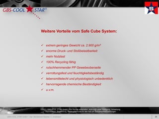 Weitere Vorteile vom Safe Cube System:


 extrem geringes Gewicht ca. 2.900 g/m²
 enorme Druck- und Stoßbelastbarkeit
 mehr Nutzlast
 100% Recycling fähig
 rutschhemmender PP Gewebeoberseite
 verrottungsfest und feuchtigkeitsbeständig
 lebensmittelecht und physiologisch unbedenklich
 hervorragende chemische Beständigkeit
 u.v.m.




©2012 | GBS-COOL STAR GmbH - Alle Rechte vorbehalten, auch bzgl. jeder Verfügung, Verwertung,
     Reproduktion, Bearbeitung, Weitergabe sowie für den Fall von Schutzrechtsanmeldungen.

                                                                                                25
 