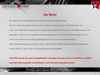 Der Markt

Der Markt der Ladungssicherung im Bereich leichte Nutzfahrzeuge

bis 3,5 t setzt sich gegenwärtig aus den Lösungen „Fahrzeugauf- und Umbauten“ und

„Zurr- und Hilfsmittel“ zusammen. Die nationale Marktgröße wird auf ca. 250 Millionen Euro p.a.

geschätzt. Aufgrund der steigenden Zulassungszahlen von leichten Nutzfahrzeugen bis 3,5 t,

sowie ihre zunehmende Leistungsfähigkeit und der für sie nicht existierenden

Geschwindigkeitsbegrenzung bzw. Lenk- und Ruhevorschriften geraten die Kleintransporter

immer stärker in den Fokus von Ladungssicherungskontrollen.



Seit 2009 werden bei einer mangelhaften Ladungssicherung nicht nur die Fahrer, sondern

auch die Fahrzeughalter und Verlader in die Verantwortung genommen.


                  ©2012 | GBS-COOL STAR GmbH - Alle Rechte vorbehalten, auch bzgl. jeder Verfügung, Verwertung,
                       Reproduktion, Bearbeitung, Weitergabe sowie für den Fall von Schutzrechtsanmeldungen.

                                                                                                                  6
 