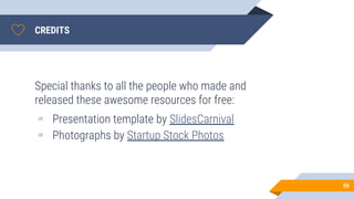CREDITS
Special thanks to all the people who made and
released these awesome resources for free:
▰ Presentation template by SlidesCarnival
▰ Photographs by Startup Stock Photos
56
 