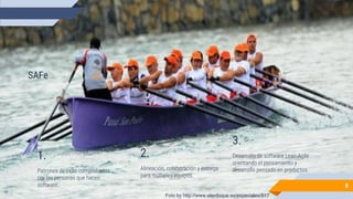 SAFe
8
1.
Patrones de éxito comprobados
por las personas que hacen
software.
2.
Alineación, colaboración y entrega
para múltiples equipos.
3.
Desarrollo de software Lean-Agile
orientando el pensamiento y
desarrollo pensado en productos.
Foto by http://www.elenfoque.es/especiales/917
 