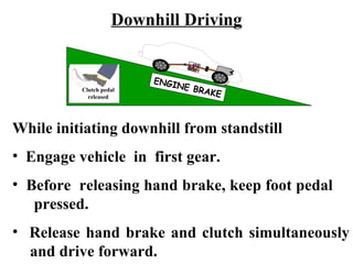 Downhill Driving


                         ENGI
                             NE B
          Clutch pedal            RAKE
            released




While initiating downhill from standstill
• Engage vehicle in first gear.
• Before releasing hand brake, keep foot pedal
   pressed.
• Release hand brake and clutch simultaneously
  and drive forward.
 