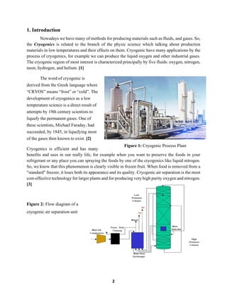 2
1. Introduction
Nowadays we have many of methods for producing materials such as fluids, and gases. So,
the Cryogenics is related to the branch of the physic science which talking about production
materials in low temperatures and their effects on them. Cryogenic have many applications by the
process of cryogenics, for example we can produce the liquid oxygen and other industrial gases.
The cryogenic region of most interest is characterized principally by five fluids: oxygen, nitrogen,
neon, hydrogen, and helium. [1]
The word of cryogenic is
derived from the Greek language where
“CRYOS” means “frost” or “cold”. The
development of cryogenics as a low
temperature science is a direct result of
attempts by 19th century scientists to
liquefy the permanent gases. One of
these scientists, Michael Faraday, had
succeeded, by 1845, in liquefying most
of the gases then known to exist. [2]
Cryogenics is efficient and has many
benefits and uses in our really life, for example when you want to preserve the foods in your
refrigerant or any place you can spraying the foods by one of the cryogenics like liquid nitrogen.
So, we know that this phenomenon is clearly visible in frozen fruit. When food is removed from a
"standard" freezer, it loses both its appearance and its quality. Cryogenic air separation is the most
cost-effective technology for larger plants and for producing very high purity oxygen and nitrogen.
[3]
Figure 2: Flow diagram of a
cryogenic air separation unit
Figure 1: Cryogenic Process Plant
 