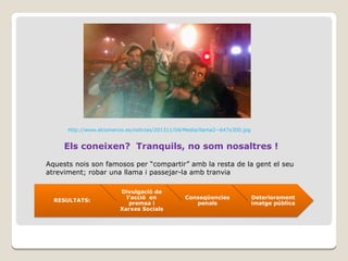 http://www.elcomercio.es/noticias/201311/04/Media/llama2--647x300.jpg

Els coneixen? Tranquils, no som nosaltres !
Aquests nois son famosos per “compartir” amb la resta de la gent el seu
atreviment; robar una llama i passejar-la amb tranvia

RESULTATS:

Divulgació de
l’acció en
premsa i
Xarxes Socials

Conseqüencies
penals

Deteriorament
imatge pública

 