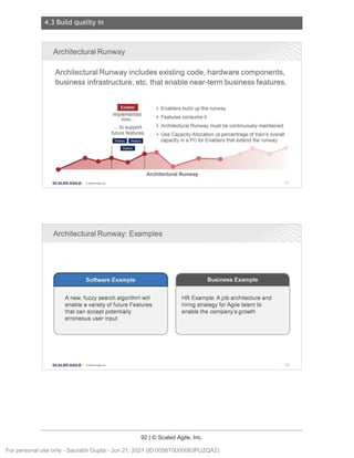 4.3 Build quality in
92 | © Scaled Agile, Inc.
Notes:
Notes:
Architectural Runway
Architectural Runway includes existing code, hardware components,
business infrastructure, etc. that enable near-term business features.
l=MMM
Implemented
now...
... to support
future features
► Enablers build up the runway
► Features consume it
► Architectural Runway must be continuously maintained
► Use Capacity Allocation (a percentrage of train's overall
capacity in a Pl) for Enablers that extend the runway
Architectural Runway
SCALED AGILE · ClScaled Agile.Inc.
Architectural Runway: Examples
Software Example
A new, fuzzy search algorithm will
enable a variety of future Features
that can accept potentially
erroneous user input
SCALED AGILE • ClScaled Agile.Inc .
Business Example
HR Example: A job architecture and
hiring strategy for Agile talent to
enable the company's growth
131
132
For personal use only - Saurabh Gupta - Jun 21, 2021 (ID:0056T0000083PUZQA2)
 