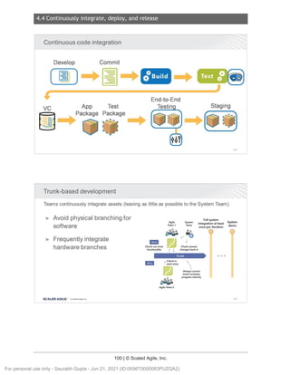 4.4 Continuously integrate, deploy, and release
100 | © Scaled Agile, Inc.
Notes:
Notes:
Continuous code integration
Develop Commit
(IJ lsuild .......
End-to-End
vc App Test
~ Tes~
i~~-~
Staging
61
Package Package
~
--..
(ill)
144
Trunk-based development
Teams continuously integrate assets (leaving as little as possible to the System Team).
► Avoid physical branching for
software
► Frequently integrate
hardware branches
SCALED AGILE • ClSealed Agile.Inc .
Check out most
functionality
Agile
Team 1
System
Team
••
Check newest
changes back in
Full system
integration at least
once per iteration
Trunk •••
Check in
each story
Agile Team 2
Always current
trunk increases
program velocity
System
demo
145
For personal use only - Saurabh Gupta - Jun 21, 2021 (ID:0056T0000083PUZQA2)
 