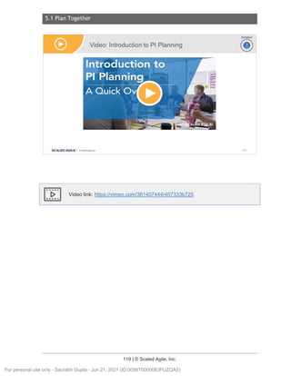 5.1 Plan Together
119 | © Scaled Agile, Inc.
Notes:
Video link: https://vimeo.com/361407444/407333b725
Video: Introduction
to Pl Planning
SCALED AGILE · ClScaled Agile.Inc.
Ir-vi
~
Duration
~
~
168
For personal use only - Saurabh Gupta - Jun 21, 2021 (ID:0056T0000083PUZQA2)
 
