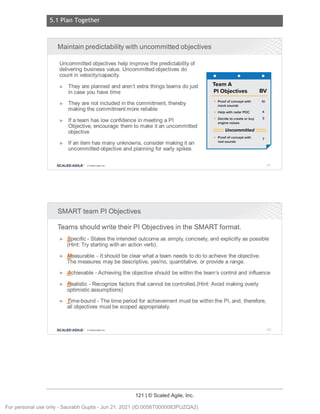 5.1 Plan Together
121 | © Scaled Agile, Inc.
Notes:
Notes:
Maintain predictability with uncommitted objectives
Uncommitted objectives help improve the predictability of
delivering business value. Uncommitted objectives do
count in velocity/capacity.
Team A
► They are planned and aren't extra things teams do just
in case you have time Pl Objectives BV
► They are not included in the commitment, thereby
making the commitment more reliable
► If a team has low confidence in meeting a Pl
Objective, encourage them to make it an uncommitted
objective
► If an item has many unknowns , consider making it an
uncommitted objective and planning for early spikes
SCALED AGILE · Cl Scaled Agile.Inc .
SMART team Pl Objectives
Proof of concept with
mock sounds
Help with radar POC
Decide to create or buy
engine noises
Uncommitted
Proof of co ncept wit h
real sounds
Teams should write their Pl Objectives in the SMART format.
10
4
3
7
171
► ~ pecific - States the intended outcome as simply, concisely, and explicitly as possible
(Hint: Try starting with an action verb).
► Measurable - It should be clear what a team needs to do to achieve the objective.
The measures may be descriptive, yes/no, quantitative, or provide a range.
► ~ chievable -Achieving the objective should be within the team's control and influence
► ,Bealistic - Recognize factors that cannot be controlled.(Hint: Avoid making overly
optimistic assumptions)
► Ji me-bound - The time period for achievement must be within the Pl, and, therefore,
all objectives must be scoped appropriately.
SCALED AGILE • Cl Scaled Agile.Inc . 172
For personal use only - Saurabh Gupta - Jun 21, 2021 (ID:0056T0000083PUZQA2)
 