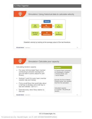 5.1 Plan Together
127 | © Scaled Agile, Inc.
Notes:
Notes:
Simulation: Using historical data to calculate velocity
1#11
240
~
--. 4
miles . . hours
180 Story
_.
.._. 6
points Iterations
Establish velocity by looking at the average output of the last Iterations.
SCALED AGILE · ClScaled Agile.Inc.
Simulation: Calculate your capacity
Calculating Iteration capacity
► For every full-time Agile Team member
contributing to Solution development ,
give the team 8 points (adjust for part-
timers).
► Subtract 1 point for every team member
vacation day and holiday.
► Find a small Story that would take about
a half day to develop and a half day to
test and validate. Call it a 1.
► Estimate every other Story relative to
that one.
SCALED AGILE • ClScaled Agile.Inc .
Example:
A ?-person team composed
of 3 developers, 2 testers,
1 Product Owner, and
1 Scrum Master
Exclude The Scrum Master,
Product Owner, and vacation
time from the calculation
Calculated capacity:
5 x 8 points= 40 points per
Iteration
180
181
For personal use only - Saurabh Gupta - Jun 21, 2021 (ID:0056T0000083PUZQA2)
 