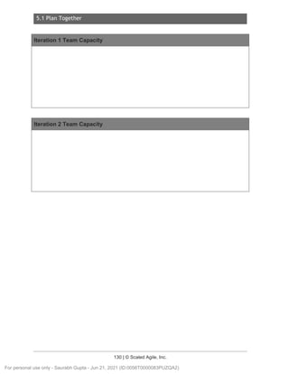 5.1 Plan Together
130 | © Scaled Agile, Inc.
Iteration 1 Team Capacity
Iteration 2 Team Capacity
For personal use only - Saurabh Gupta - Jun 21, 2021 (ID:0056T0000083PUZQA2)
 