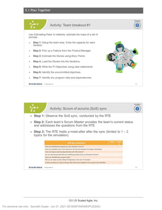 5.1 Plan Together
131 | © Scaled Agile, Inc.
Notes:
Notes:
Activity: Team breakout #1
Use Estimating Poker to relatively estimate the mass of a set of
animals .
► Step 1: Setup the team area. Enter the capacity for each
Iteration.
► Step 2: Pick up a Feature from the Product Manager.
► Step 3: Estimate the Stories using Story Points .
► Step 4: Load the Stories into the Iterations.
► Step 5: Write the Pl Objectives using clear statements .
► Step 6: Identify the uncommitted objectives .
► Step 7: Identify any program risks and dependencies .
SCALED AGILE · Cl Scaled Agile. Inc.
Activity: Scrum of scrums (SoS) sync
► Step 1: Observe the Sos sync, conducted by the RTE
► Step 2: Each team 's Scrum Master provides the team 's current status
and addresses the questions from the RTE
► Step 3: The RTE holds a meet-after after the sync (limited to 1 - 2
topics for the simulation)
Have you identified the capacity for each Iteration in the Pl?
Have you identified most of the Stories for the first two Iteratio ns and begun estimating?
Have you begun resolving dependencies with other teams?
Are you discussing trade-offs and conflicting priorities with your Business Owners?
Have you identified any program risks?
Will you be ready to start writing Pl Objectives in the next 15 minutes?
Is there anything you need to discuss with other Scrum Masters? If so, stay for the meet-after
SCALED AGILE • Cl Scaled Agile. Inc.
Duration
~
~
183
Duration
~
~
184
For personal use only - Saurabh Gupta - Jun 21, 2021 (ID:0056T0000083PUZQA2)
 
