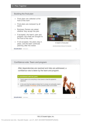 5.1 Plan Together
136 | © Scaled Agile, Inc.
Notes:
Notes:
Building the final plan
► Final plans are collected at the
front of the room
► Final plans are reviewed by all
teams
► Business Owners are asked
whether they accept the plan
► If accepted, the team's plan and
program risk sheet are brought to
the front of the room
► If not accepted, the plans stay in
place, and the team continues
planning after the review
SCALED AGILE · ClScaled Agile.Inc.
Confidence vote: Team and program
A team's final plan
Used with permission of Discount Tire Corporation
After dependencies are resolved and risks are addressed, a
confidence vote is taken by the team and program.
A commitment with two parts:
1. Teams agree to do everything in their power to meet the agreed-to
objectives
2. In the event that fact patterns dictate that it is simply not achievable, teams
agree to escalate immediately so that corrective action can be taken
,,..I
• ,,.u
• I •
No confidenc e Little confidenc e Good confidenc e High confidence Very high confidence
SCALED AGILE • ClScaled Agile.Inc .
191
192
For personal use only - Saurabh Gupta - Jun 21, 2021 (ID:0056T0000083PUZQA2)
 
