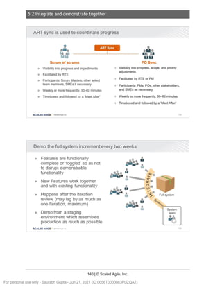 5.2 Integrate and demonstrate together
140 | © Scaled Agile, Inc.
Notes:
Notes:
ART sync is used to coordinate progress
•
1
~11
li 1 ---------------------------------
I_____________________________
_
1
111
11
1111
ART Sync
Scrum of scrums
► Visibility into progress and impediments
► Facilitated by RTE
► Visibility into progress , scope, and priority
adjustments
► Facilitated by RTE or PM
► Participants : Scrum Masters, other select
team members , SMEs if necessary
► Weekly or more frequently, 30-60 minutes
► Participants: PMs, POs, other stakeholders ,
and SMEs as necessary
► Timeboxed and followed by a 'Meet After' ► Weekly or more frequently, 30--60 minutes
► Timeboxed and followed by a 'Meet After '
SCALED AGILE · ClScaled Agile.Inc .
Demo the full system increment every two weeks
► Features are functionally
complete or 'toggled' so as not
to disrupt demonstrable
functionality
► New Features work together
and with existing functionality
► Happens after the Iteration
review (may lag by as much as
one Iteration, maximum)
► Demo from a staging
environment which resembles
production as much as possible
SCALED AGILE • ClScaled Agile.Inc .
•
UI
•
1
h11
Full system
System
team
Ir
198
199
For personal use only - Saurabh Gupta - Jun 21, 2021 (ID:0056T0000083PUZQA2)
 