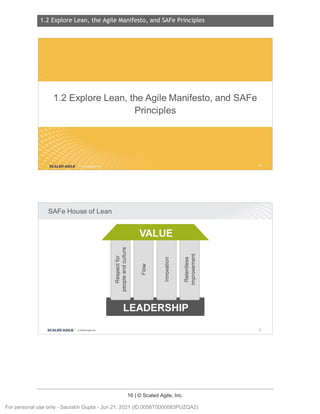 1.2 Explore Lean, the Agile Manifesto, and SAFe Principles
16 | © Scaled Agile, Inc.
1.2 Expl ore Lean, the Agile M anifesto, and SAFe Principles
Notes:
Notes:
1.2 ExploreLean, the Agile Manifesto,and SAFe
Principles
SCALED AGILE .
SAFe House of Lean
SCALED AGI LE · ClScaled Agile.Inc.
~
::::,
....-
~a
(.) -0
Q) C
o. ro
(/) Q)
Q) -
0:: 0.
0
Q)
0.
::
0
u::::
C
0
:;:;
ro
>
0
C
C
(/)
c
(/) Q)
a, E
:;:::: Q)
C >
Q) 0
ai 0..
o:: E
25
For personal use only - Saurabh Gupta - Jun 21, 2021 (ID:0056T0000083PUZQA2)
 
