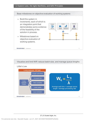1.2 Explore Lean, the Agile Manifesto, and SAFe Principles
27 | © Scaled Agile, Inc.
Notes:
Notes:
Base milestones on objective evaluation of working systems
► Build the system in
increments, each of which is
an integration point that
demonstrates some evidence
of the feasibility of the
solution in process.
► Milestones based on
objective evaluation of
working systems.
SCALED AGILE · ClScaled Agile.Inc .
Progress
Objectives
0
Product
•. ..t
Customer Product/Solution
Feedback Performance
System Demo
Process
i
Improvement
Backlog Items
41
Visualize and limit WIP, reduce batch size, and manage queue lengths
Little's Law
Long queues : All bad
Longer cycle times
Increased risk
More variability
Lower quality
Less motivation
SCALED AGILE • ClScaled Agile.Inc . 42
For personal use only - Saurabh Gupta - Jun 21, 2021 (ID:0056T0000083PUZQA2)
 
