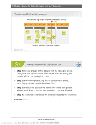 1.2 Explore Lean, the Agile Manifesto, and SAFe Principles
28 | © Scaled Agile, Inc.
Notes:
Notes:
Visualize and limit work in progress
One team's big visible information radiator (BVIR)
Today
Wed . Thurs. Fri. Mon. Tues. Wed. Thurs. Fri. Mon. Tues.
Build Accepted
How is this team doing? How do you know that?
SCALED AGILE · ClScaled Agile.Inc .
Activity: Experience a large batch size
► Step 1: Create groups of five people with 10 coins per group.
Designate one person as the timekeeper. The remaining four
people will be processing the coins.
► Step 2: Person by person, flip the 10 coins one at a time,
recording your own results (heads or tails).
► Step 3: Pass all 10 coins at the same time to the next person
who repeats Step 2, until all four members complete the task.
43
Duration
~
~
► Step 4: The timekeeper stops the timer and records the total time.
SCALED AGILE • ClScaled Agile.Inc . 44
For personal use only - Saurabh Gupta - Jun 21, 2021 (ID:0056T0000083PUZQA2)
 