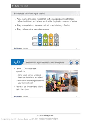 2.1 Build your team
42 | © Scaled Agile, Inc.
Notes:
Notes:
Build cross-functional Agile Teams
► Agile teams are cross-functional, self-organizing entities that can
define, build test, and where applicable, deploy increments of value
► They are optimized for communication and delivery of value
► They deliver value every two weeks
Team 1
Team N
SCALED AGILE · ClScaled Agile.Inc .
Discussion: Agile Teams in your workplace
► Step 1: Discuss these
questions
- What would a cross functional
team look like at your workplace?
- How would this change the results
your team delivers?
► Step 2: Be prepared to share
with the class
SCALED AGILE • ClScaled Agile.Inc .
62
~~
~~
63
For personal use only - Saurabh Gupta - Jun 21, 2021 (ID:0056T0000083PUZQA2)
 