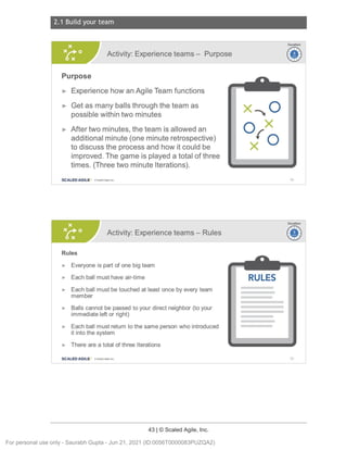 2.1 Build your team
43 | © Scaled Agile, Inc.
Notes:
Notes:
Activity: Experience teams - Purpose
Purpose
► Experience how an Agile Team functions
► Get as many balls through the team as
possible within two minutes
► After two minutes, the team is allowed an
additional minute (one minute retrospective)
to discuss the process and how it could be
improved. The game is played a total of three
times. (Three two minute Iterations).
SCALED AGILE · ClScaled Agile.Inc .
Activity: Experience teams - Rules
Rules
► Everyone is part of one big team
► Each ball must have air-time
► Each ball must be touched at least once by every team
member
► Balls cannot be passed to your direct neighbor (to your
immediate left or right)
► Each ball must return to the same person who introduced
it into the system
► There are a total of three Iterations
SCALED AGILE • ClScaled Agile.Inc .
RULES
Duration
~
~
64
Duration
~
~
65
For personal use only - Saurabh Gupta - Jun 21, 2021 (ID:0056T0000083PUZQA2)
 
