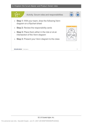 2.2 Explore the Scrum Master and Product Owner roles
52 | © Scaled Agile, Inc.
Notes:
Activity: Scrum roles and responsibilities
► Step 1: With your team, draw the following Venn
diagram on a flipchart sheet
► Step 2: Review the responsibility cards
► Step 3: Place them either in the role or at an
intersection of the Venn diagram
► Step 3: Present your Venn diagram to the class
SCALED AGILE · ClScaled Agile.Inc .
~~
~~
76
For personal use only - Saurabh Gupta - Jun 21, 2021 (ID:0056T0000083PUZQA2)
 