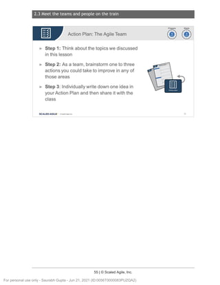 2.3 Meet the teams and people on the train
55 | © Scaled Agile, Inc.
Notes:
Action Plan: The Agile Team
► Step 1: Think about the topics we discussed
in this lesson
► Step 2: As a team, brainstorm one to three
actions you could take to improve in any of
those areas
► Step 3: Individually write down one idea in
your Action Plan and then share it with the
class
SCALED AGILE · ClScaled Agile.Inc.
~rj)
~~
81
For personal use only - Saurabh Gupta - Jun 21, 2021 (ID:0056T0000083PUZQA2)
 