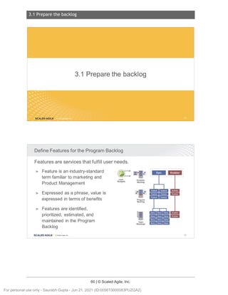 3.1 Prepare the backlog
60 | © Scaled Agile, Inc.
3.1 Pr epar e the backl og
Notes:
Notes:
3.1 Prepare the backlog
SCALED AGILE .
Define Features for the Program Backlog
Features are services that fulfill user needs.
► Feature is an industry-standard
term familiar to marketing and
Product Management
► Expressed as a phrase, value is
expressed in terms of benefits
► Features are identified,
prioritized, estimated , and
maintained in the Program
Backlog
SCALED AGI LE · ClScaled Agile . Inc.
Lean
Budgets
Portfo lio
Backlog
•
NFRs
Program
Backlog
NFRs
Team
Backlogs
r
I
I •
. -
11111 ,,
1, I I. t
. . .
---
-
---
mlmlml
84
For personal use only - Saurabh Gupta - Jun 21, 2021 (ID:0056T0000083PUZQA2)
 
