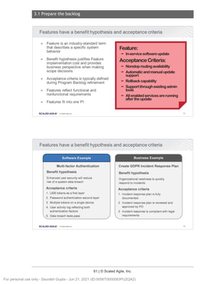 3.1 Prepare the backlog
61 | © Scaled Agile, Inc.
Notes:
Notes:
Features have a benefit hypothesis and acceptance criteria
► Feature is an industry-standard term
that describes a specific system
behavior
► Benefit hypothesis justifies Feature
implementation cost and provides
business perspective when making
scope decisions
► Acceptance criteria is typically defined
during Program Backlog refinement
► Features reflect functional and
nonfunctional requirements
► Features fit into one Pl
SCALED AGILE · Cl Scaled Agile.Inc .
Feature:
- In-service
softwareupdate
AcceptanceCriteria:
- Nonstop
routing
availabilify
- Automatic
andmanualupdate
support
- Rollback
capabilify
- Supportthroughexisting
admin
tools
- Allenabledservices
arerunning
afterthe update
Features have a benefit hypothesis and acceptance criteria
Software Example
Multi-factor Authentication
Benefit hypothesis
Enhanced user security will reduce
risk of a system data breach
Acceptance criteria
1. USB tokens as a first layer
2. Password authentication second layer
3. Multiple tokens on a single device
4. User activity log reflecting both
authentication factors
5. Data breach tests pass
SCALED AGILE • Cl Scaled Agile.Inc .
Business Example
Create GDPR Incident Response Plan
Benefit hypothesis
Organizational readiness to quickly
respond to incidents
Acceptance criteria
1. Incident response plan is fully
documented
2. Incident response plan is reviewed and
approved by PO
3. Incident response is compliant with legal
requirements
85
86
For personal use only - Saurabh Gupta - Jun 21, 2021 (ID:0056T0000083PUZQA2)
 