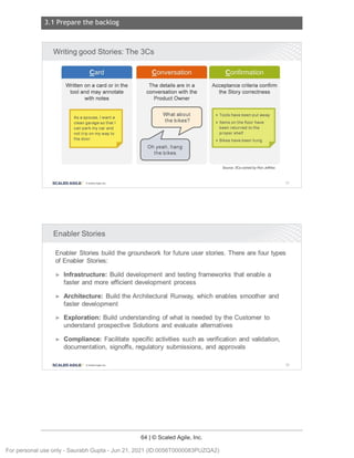 3.1 Prepare the backlog
64 | © Scaled Agile, Inc.
Notes:
Notes:
Writing good Stories: The 3Cs
Card
Written on a card or in the
tool and may annotate
with notes
As a spouse , I want a
clean garage so that I
can park my car and
not trip on my way to
the door .
SCALED AGILE · ClScaled Agile.Inc .
Enabler Stories
Conversation
The details are in a
conversation with the
Product Owner
What about
the bikes?
Oh yeah, hang
the bikes.
Confirmation
Acceptance criteria confirm
the Story correctness
► Tools have been put away
► Items on the floor have
been returned to the
proper shelf
► Bikes have been hung
Source: 3Cs coined by Ron Jeffries
Enabler Stories build the groundwork for future user stories. There are four types
of Enabler Stories:
► Infrastructure: Build development and testing frameworks that enable a
faster and more efficient development process
► Architecture: Build the Architectural Runway, which enables smoother and
faster development
► Exploration: Build understanding of what is needed by the Customer to
understand prospective Solutions and evaluate alternatives
► Compliance: Facilitate specific activities such as verification and validation,
documentation , signoffs, regulatory submissions , and approvals
SCALED AGILE • ClScaled Agile.Inc .
91
92
For personal use only - Saurabh Gupta - Jun 21, 2021 (ID:0056T0000083PUZQA2)
 
