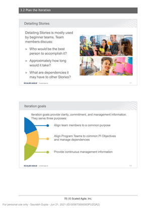 3.2 Plan the Iteration
76 | © Scaled Agile, Inc.
Notes:
Notes:
Detailing Stories
Detailing Stories is mostly used
by beginner teams. Team
members discuss:
► Who would be the best
person to accomplish it?
► Approximately how long
would it take?
► What are dependencies it
may have to other Stories?
SCALED AGILE · ClScaled Agile.Inc .
Iteration goals
Iteration goals provide clarity, commitment , and management information .
They serve three purposes:
SCALED AGILE • ClScaled Agile.Inc .
Align team members to a common purpose
Align Program Teams to common Pl Objectives
and manage dependencies
Provide continuous management information
111
112
For personal use only - Saurabh Gupta - Jun 21, 2021 (ID:0056T0000083PUZQA2)
 
