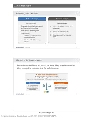 3.2 Plan the Iteration
77 | © Scaled Agile, Inc.
Notes:
Notes:
Iterationgoals:Examples
Software Example
Iteration Goals
1. Finalize and push last name search
and first name morphology
2. Index 80% of remaining data
3. Other Stories:
Establish search replication
validation protocol
Refactor artifact dictionary
schema
SCALED AGILE · Cl Scaled Agile.Inc .
Committo the Iterationgoals
Business Example
Iteration Goals
1. Roll out the GDPR incident report
procedures
2. Prepare for external audit
3. Obtain approvals for financial
report
Team commitmentsare notjust to the work.They are committedto
otherteams, the program,and the stakeholders.
A team meets its commitment:
By doing everything they said they would do,
- or-
in the event that it is not feasible, they must immediately raise the concern .
Commitment
Too much holding to a
commitment can lead to
burnout, inflexibility, and
quality problems .
SCALED AGILE • Cl Scaled Agile.Inc .
Adaptability
Too little commitment can
lead to unpredictability and
lack of focus on results.
113
114
For personal use only - Saurabh Gupta - Jun 21, 2021 (ID:0056T0000083PUZQA2)
 