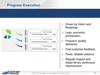 Program Execution
Agile Release Trains – self-organizing teams of agile teams – reliably
and frequently deliver enterprise value
 Driven by Vision and
Roadmap
 Lean, economic
prioritization
 Frequent, quality
deliveries
 Fast customer feedback
 Fixed, reliable cadence
 Regular Inspect and
Adapt drives continuous
improvement
© 2008 - 2013 Scaled Agile, Inc. and Leffingwell, LLC. All rights reserved.

34

 