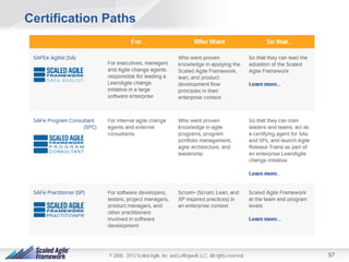 Certification Paths

© 2008 - 2013 Scaled Agile, Inc. and Leffingwell, LLC. All rights reserved.

57

 